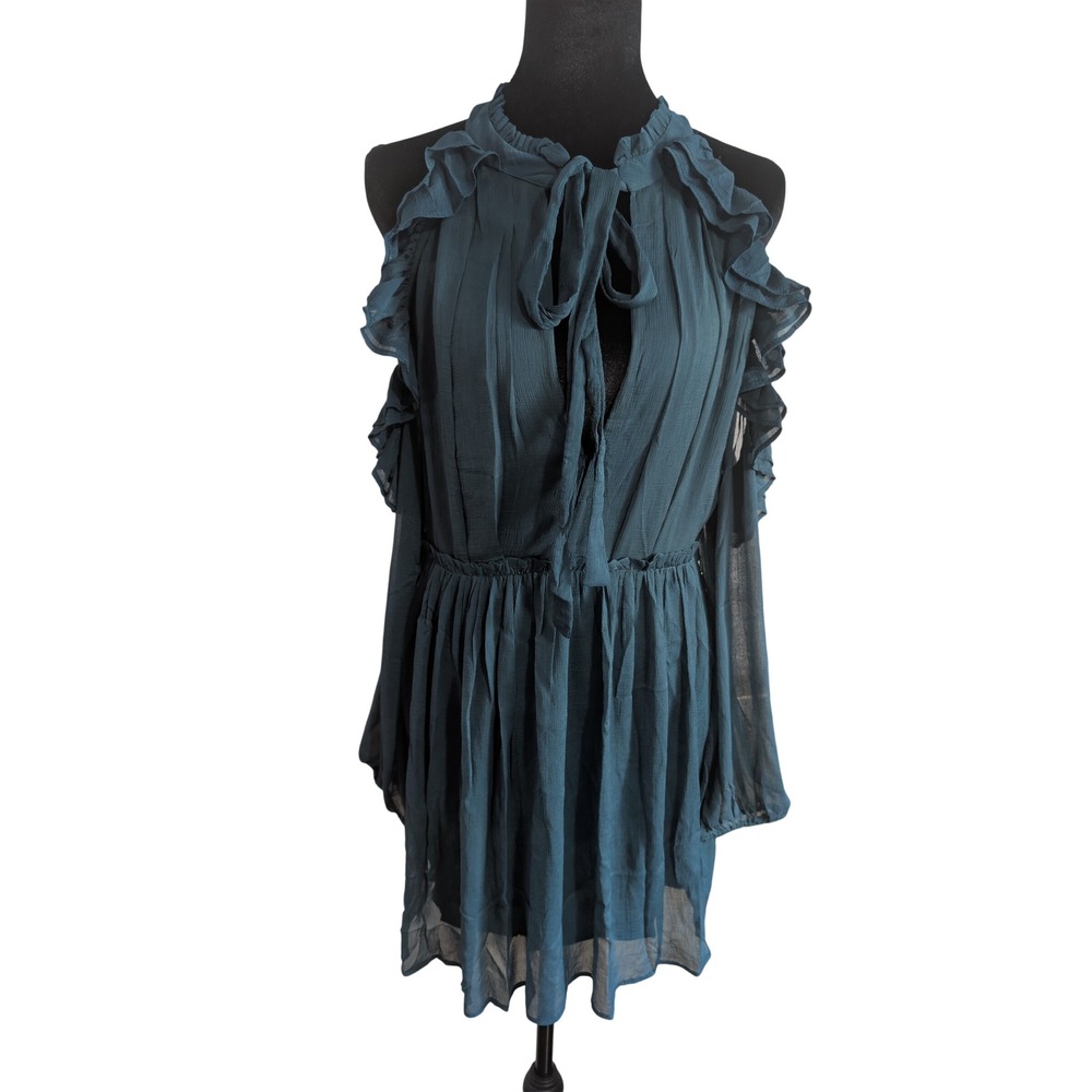 Free People Blue Green Cold Shoulder Ruffle Mini Dress OB526742 Size 2 NWT 0576